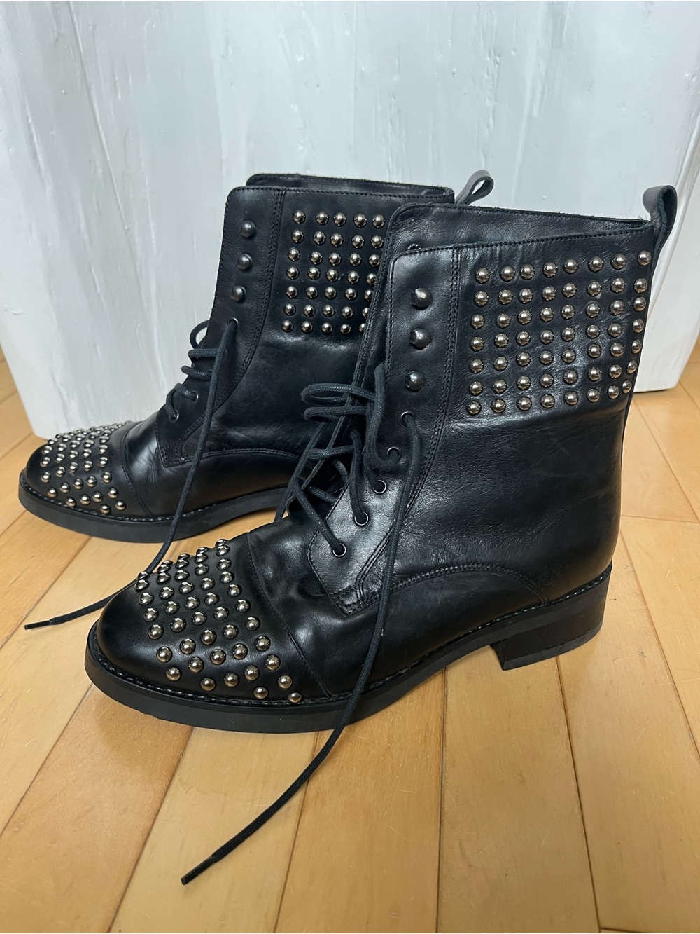 Black Stud-Embellished Lace-Up Leather Ankle Boots